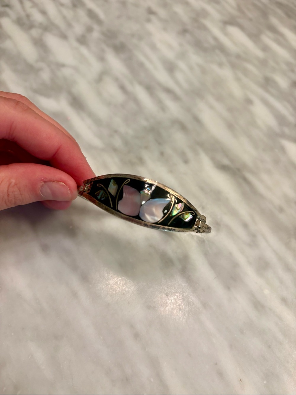 Sterling Silver Abalone Inlay Bracelet - Iridescent Green and Pink